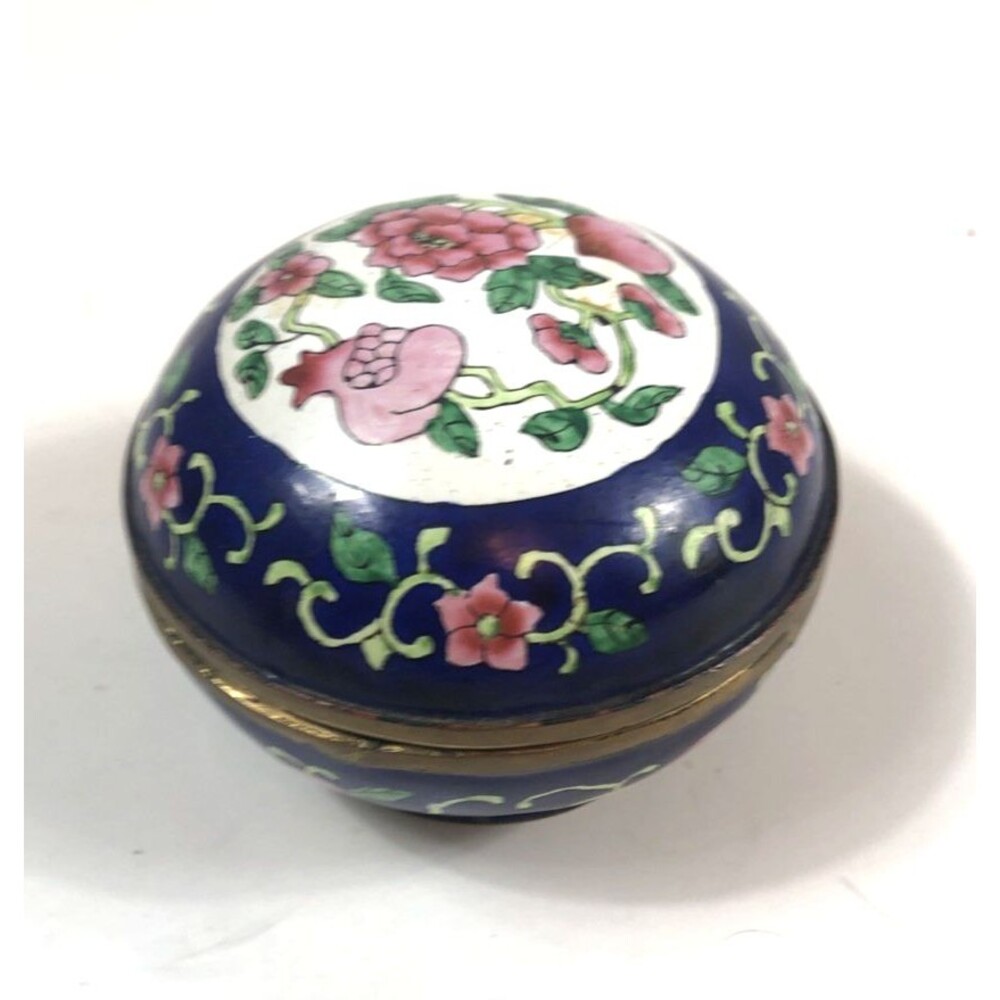 Vintage Chinese Blue Cloisonné Trinket Vanity Dresser Box Jar Enamel Floral